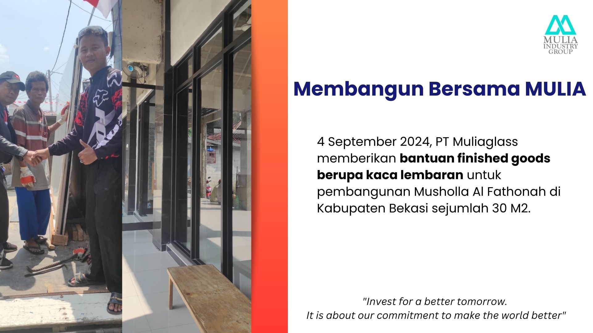 Membangun Bersama MULIA: Bantuan Kaca Lembaran Musholla Al Fathonah Kebalen Bekasi